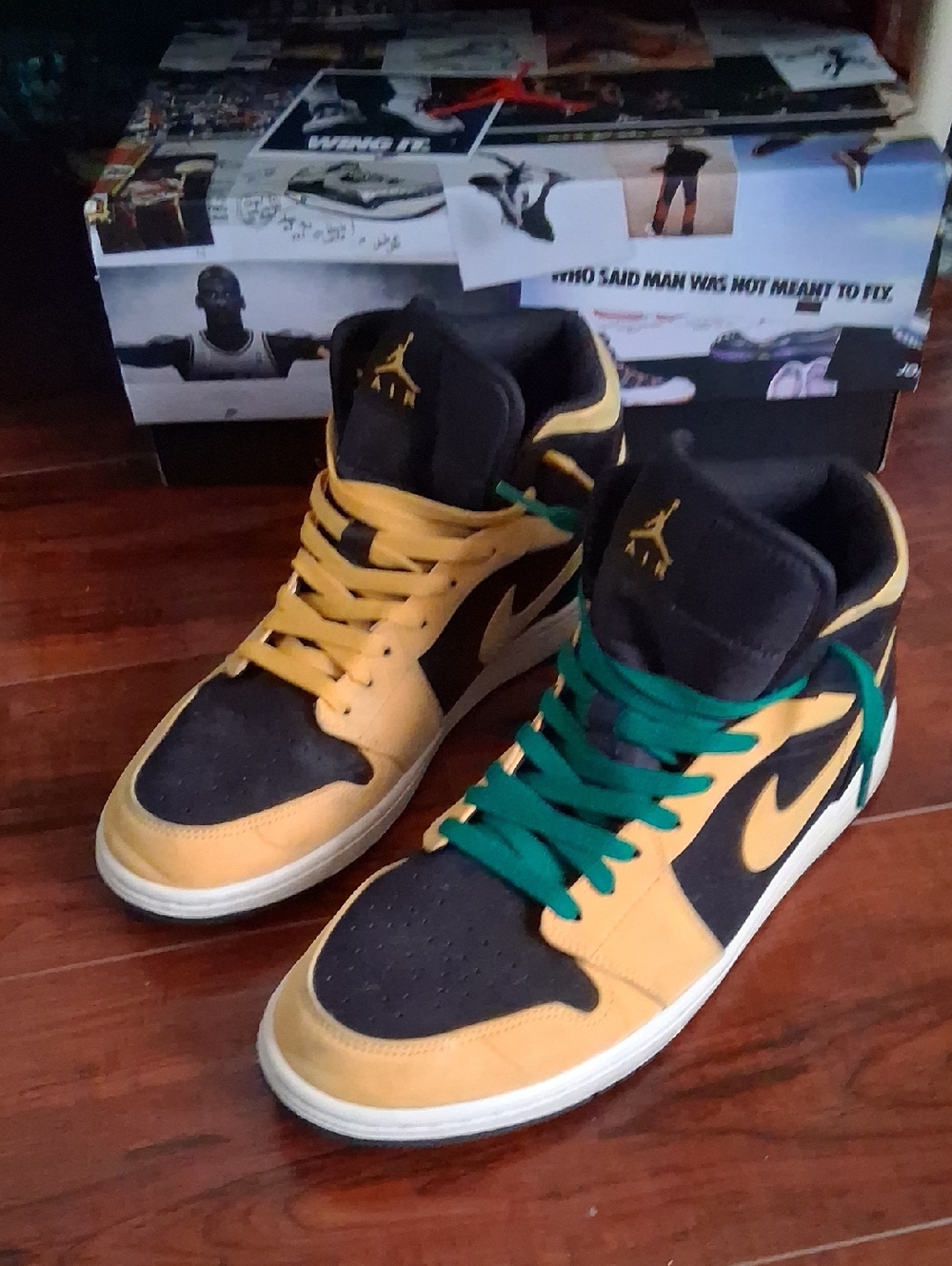 Jordan Mid-Top Sneakers in Black and Yellow with Green Laces Box Not Included